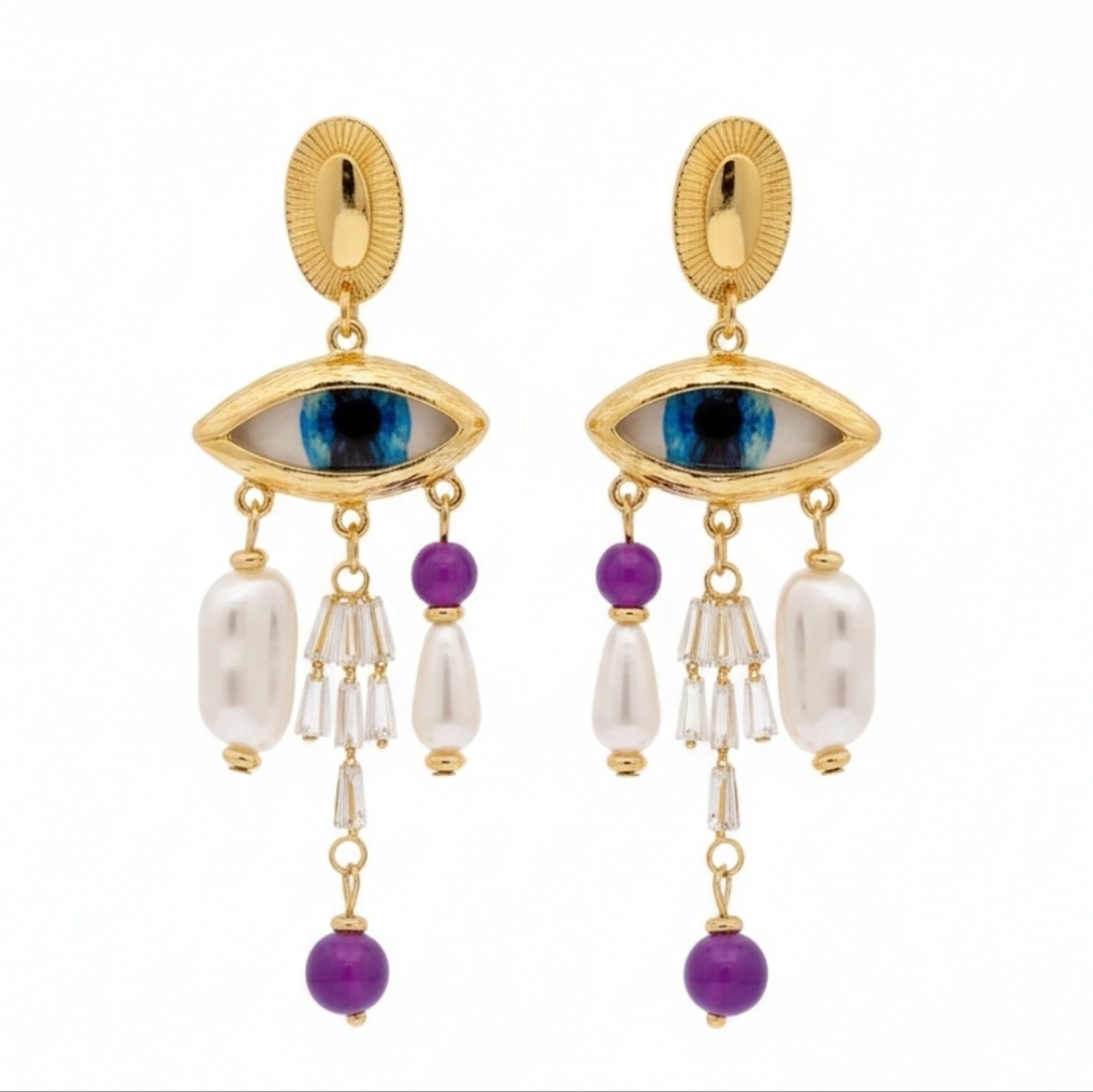 🆕️ Large Schiaparelli-Inspired Surrealist Evil Eye Chandelier Earrings NWOT